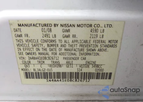 2008 Nissan Maxima 3.5 Sl из США, поврежденный, VIN 1N4BA41E08C826712